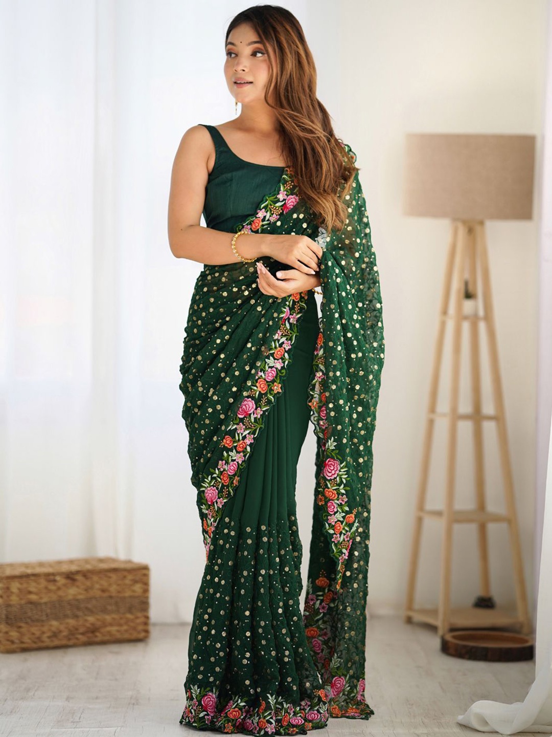 

LeeliPeeri Designer Embellished Sequinned Poly Georgette Saree, Green