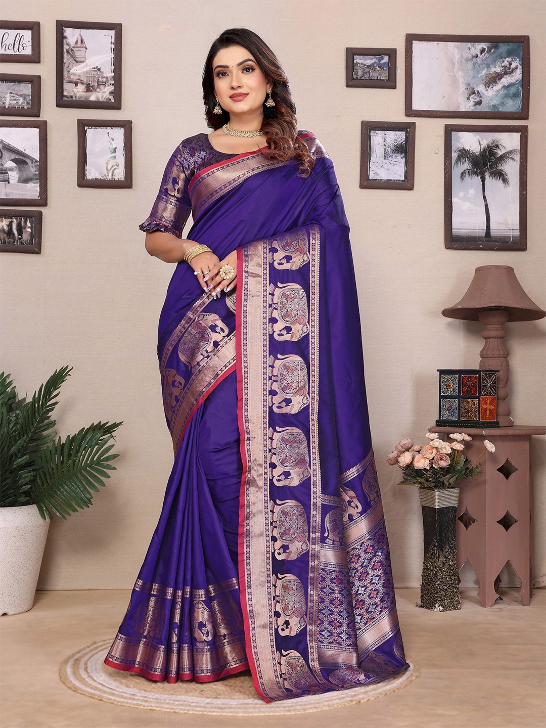 

Panzora Ethnic Motifs Zari Silk Blend Saree, Blue
