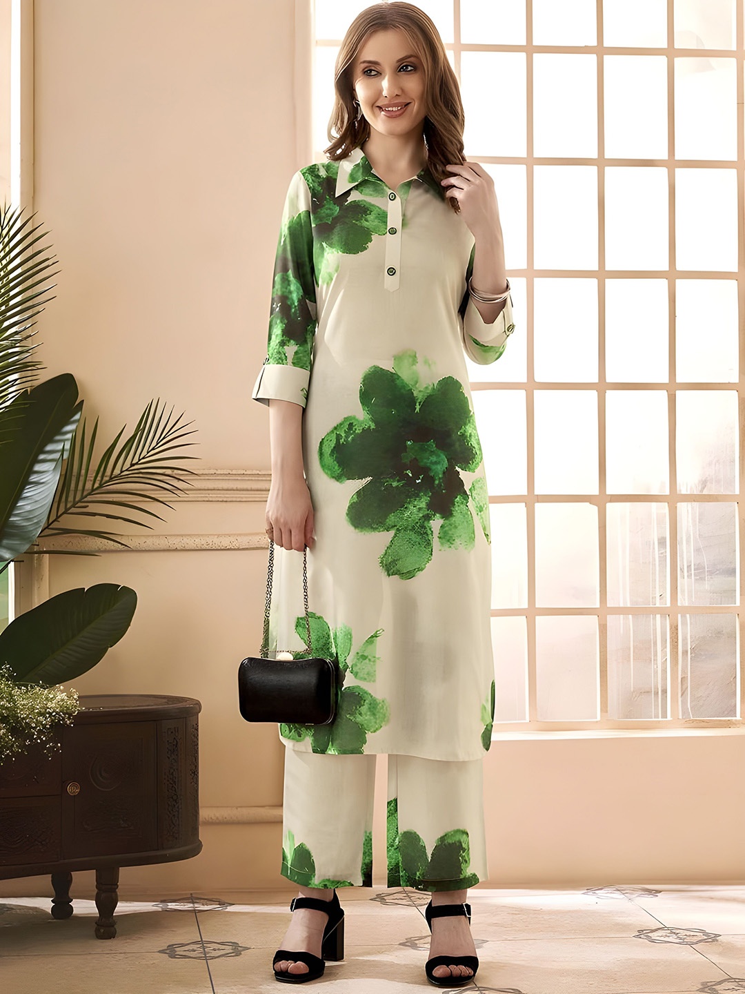 

Jade & Julie Floral Printed Pure Cotton Collared Tunic & Palazzo Co-Ord Set, White