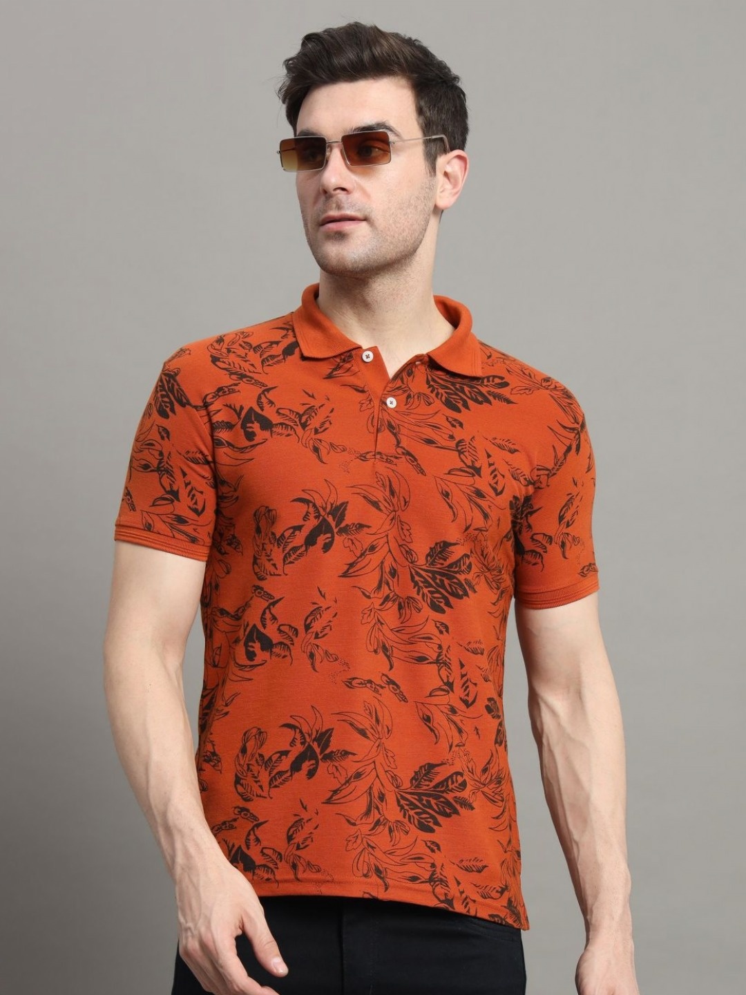 

R.ARHAN PREMIUM Men Floral Printed Polo Collar Pockets T-shirt, Rust