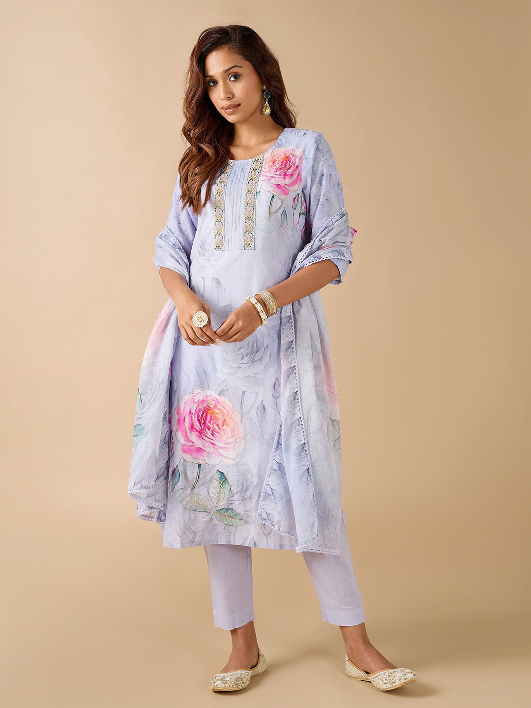 

Vismay Floral Printed Pure Cotton Kurta & Trousers With Dupatta, Purple