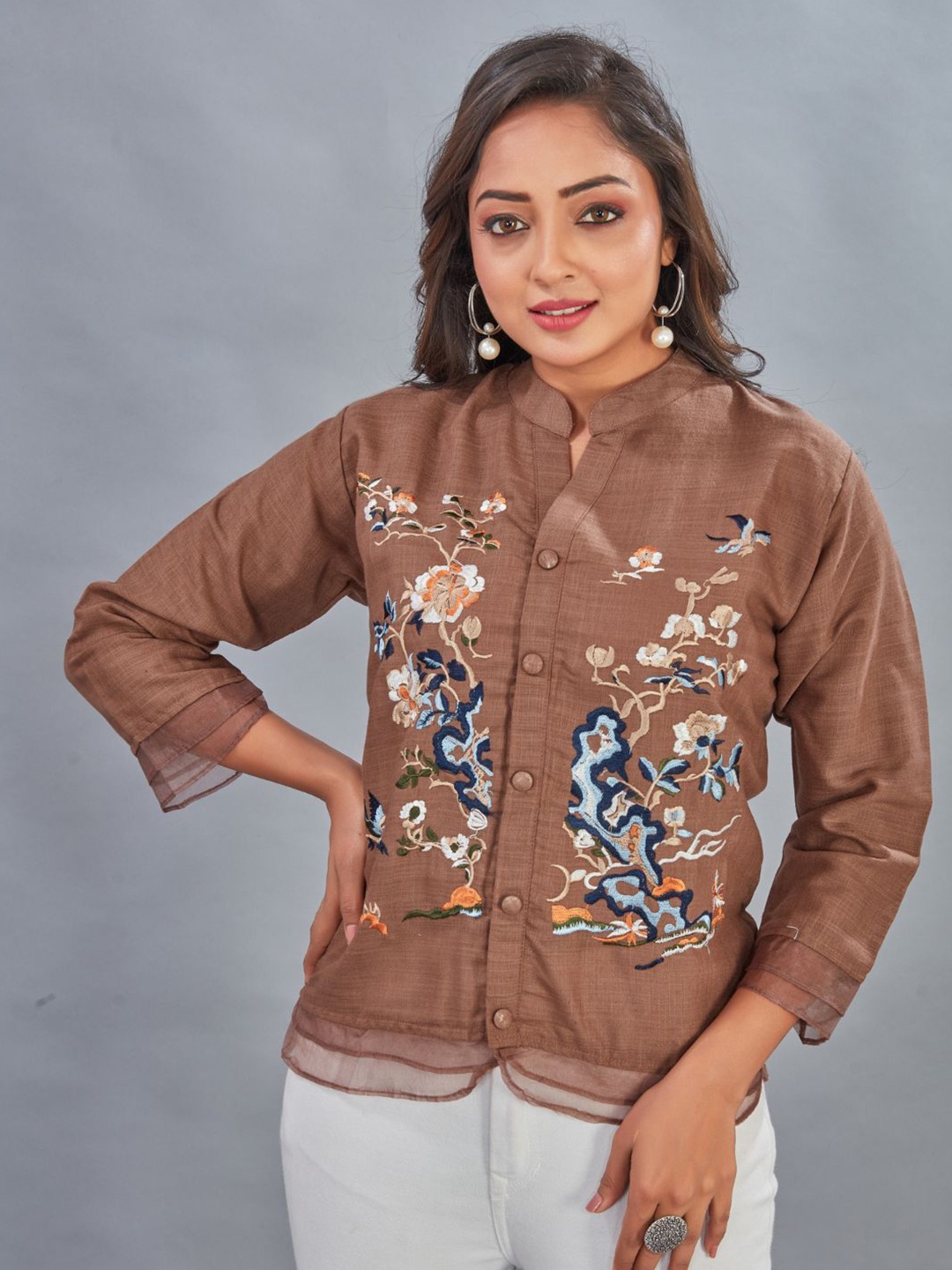 

Flossy Embroidered Mandarin Collar Tunics, Brown