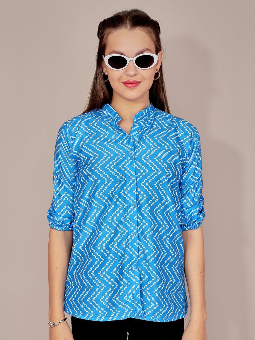 

Kaajal by Vidhi Mandarin Collar Cotton Shirt Style Top, Blue
