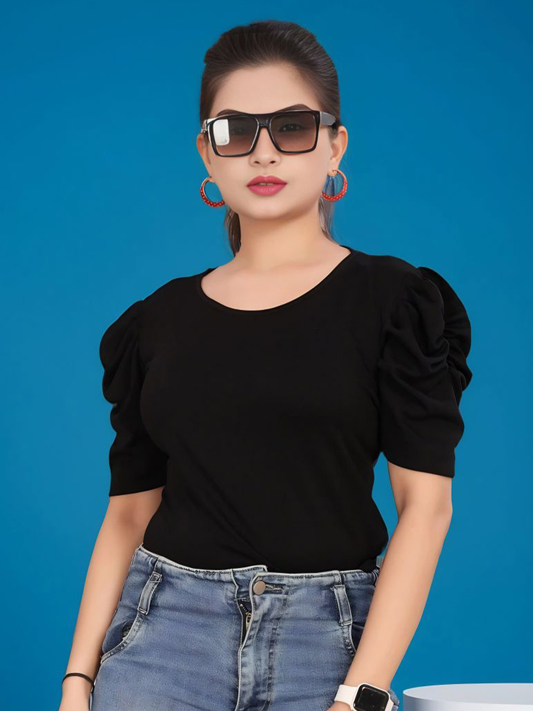 

Moda Rapido Puff Sleeve Cotton Top, Black