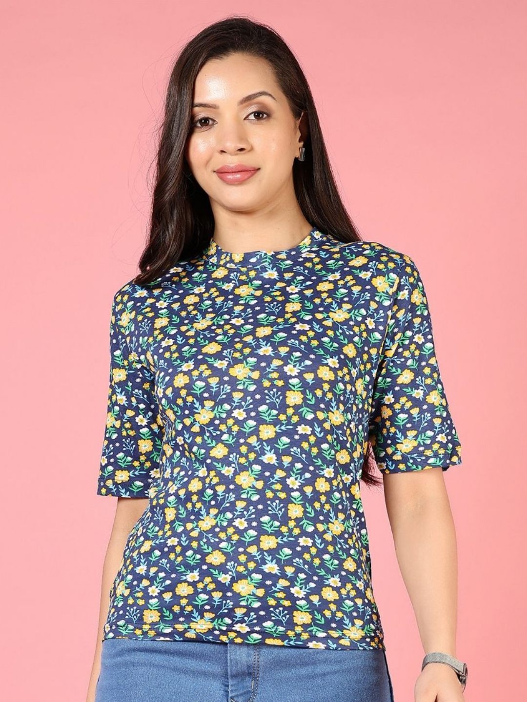 

V-Mart Women Floral Printed Pockets T-shirt, Navy blue