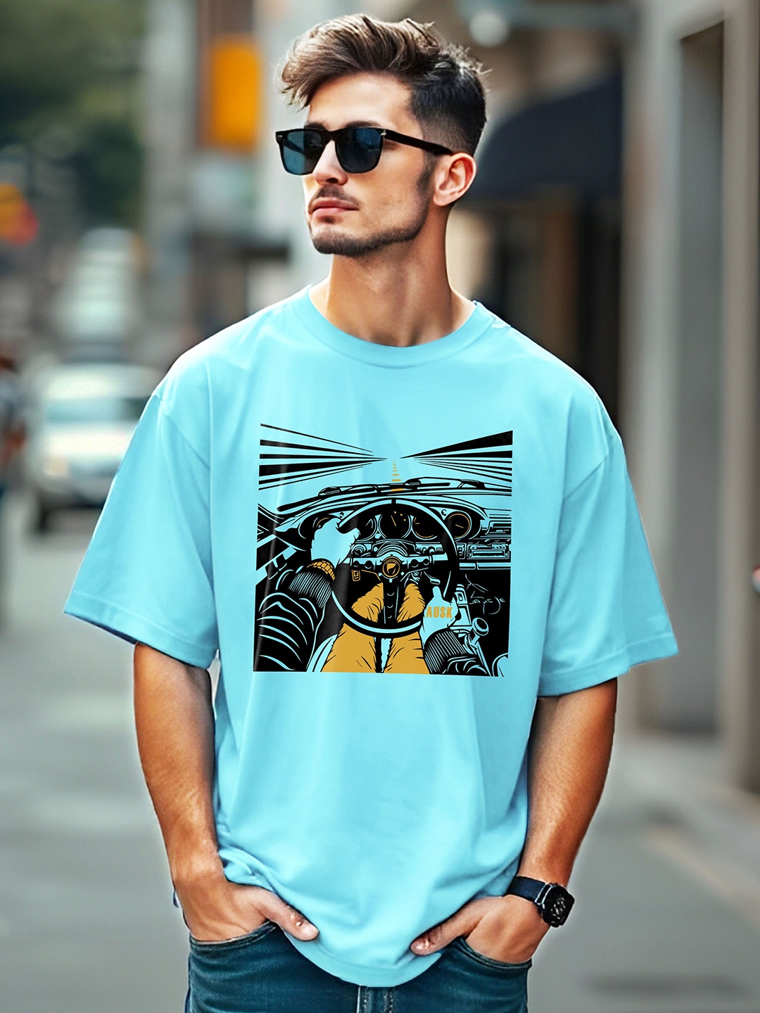 

AUSK Men Printed Applique T-shirt, Blue