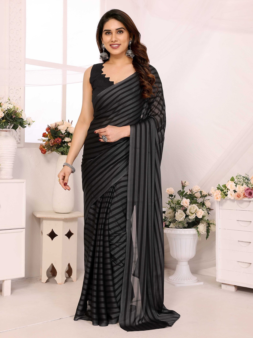 

LeeliPeeri Designer Striped Poly Georgette Ready to Wear Saree, Black