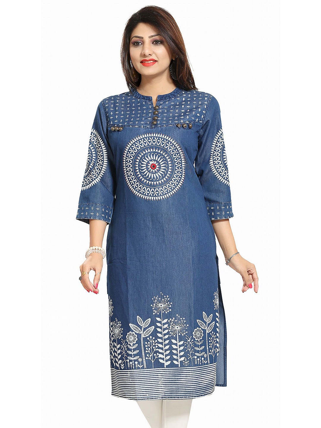 

Meher Impex Printed With Bead & Mirror Work Straight Kurta, Blue