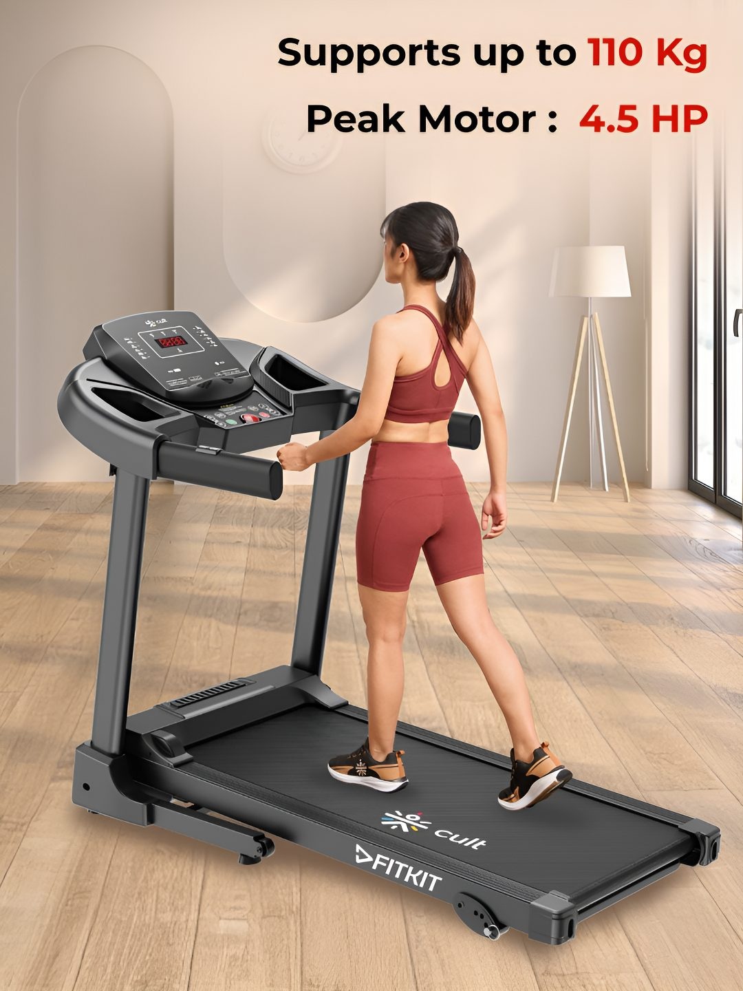 

Fitkit by Cult PowerRun-96 BLDC Motorized Treadmill 4.5HP Peak Max Weight Capacity 110kg, Black