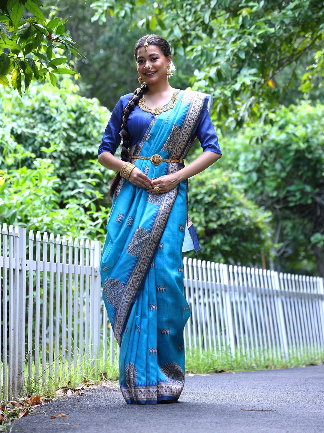 

Ekta Textiles Warli Pure Silk Saree, Turquoise blue