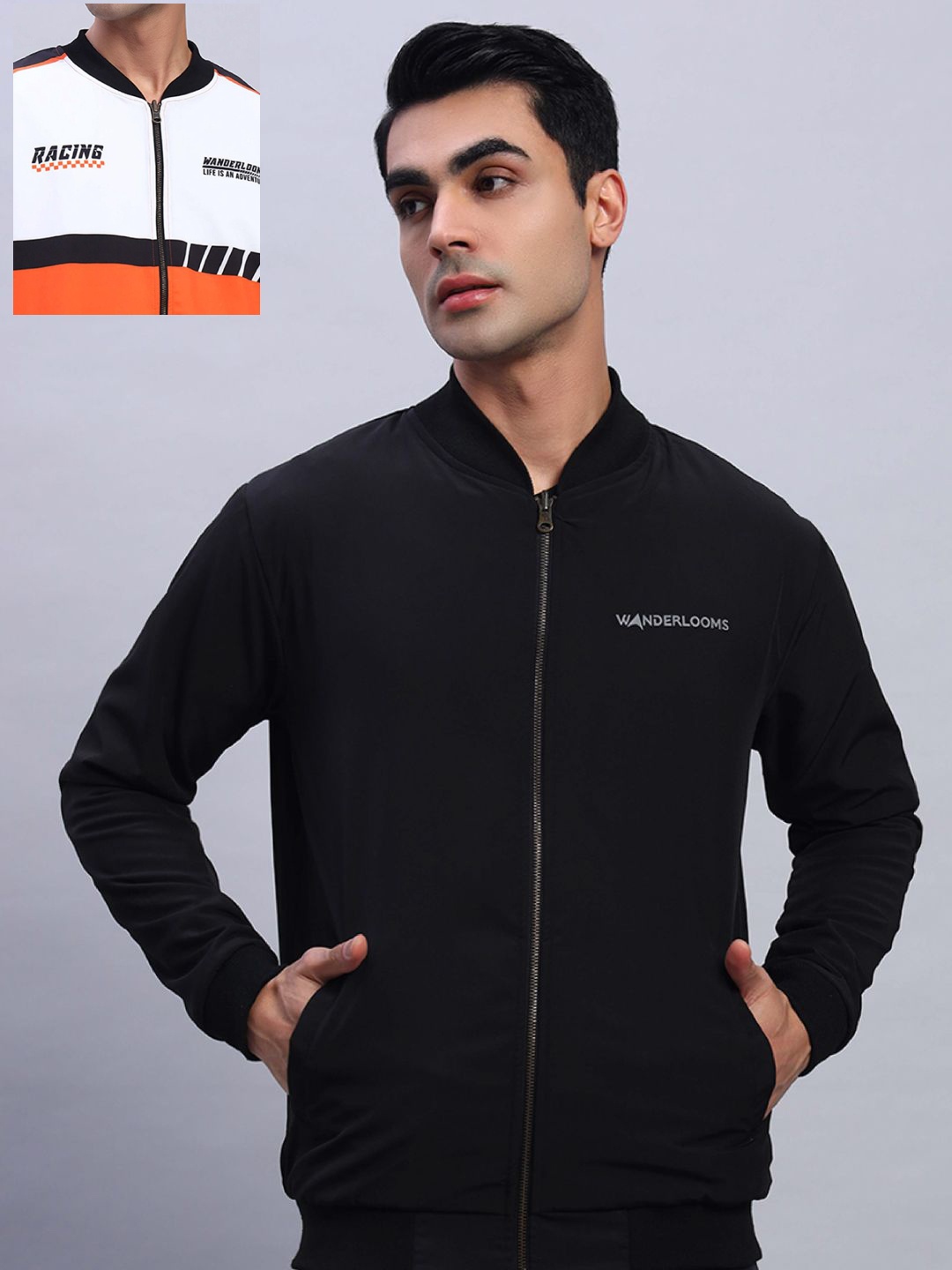 

WANDERLOOMS Track Flare Printed Mandarin Collar Reversible Bomber Jacket, Orange