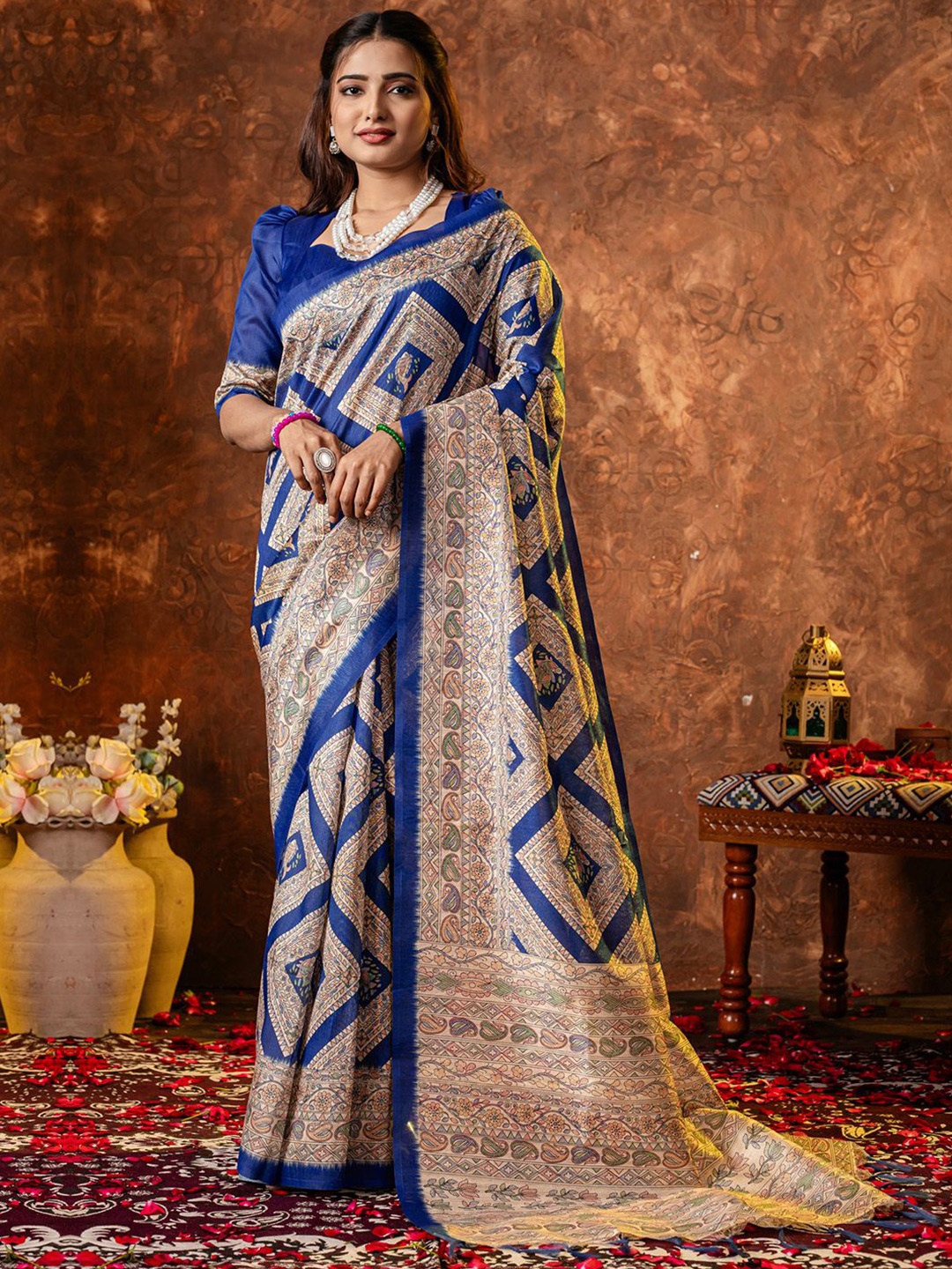 

Saree mall Ethnic Motifs Silk Cotton Tussar Sarees, Blue