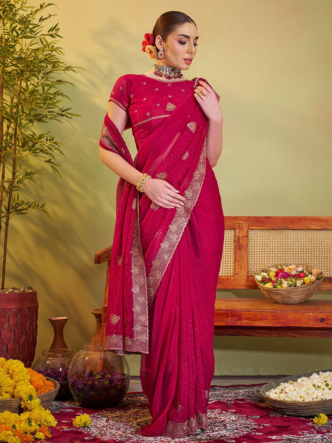 

modeva Embellished Beads and Stones Organza Saree, Pink