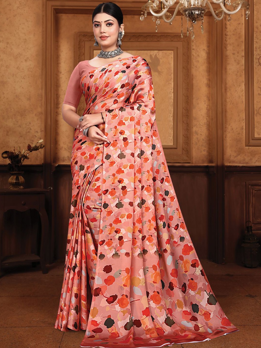 

LeeliPeeri Designer Floral Satin Saree, Peach