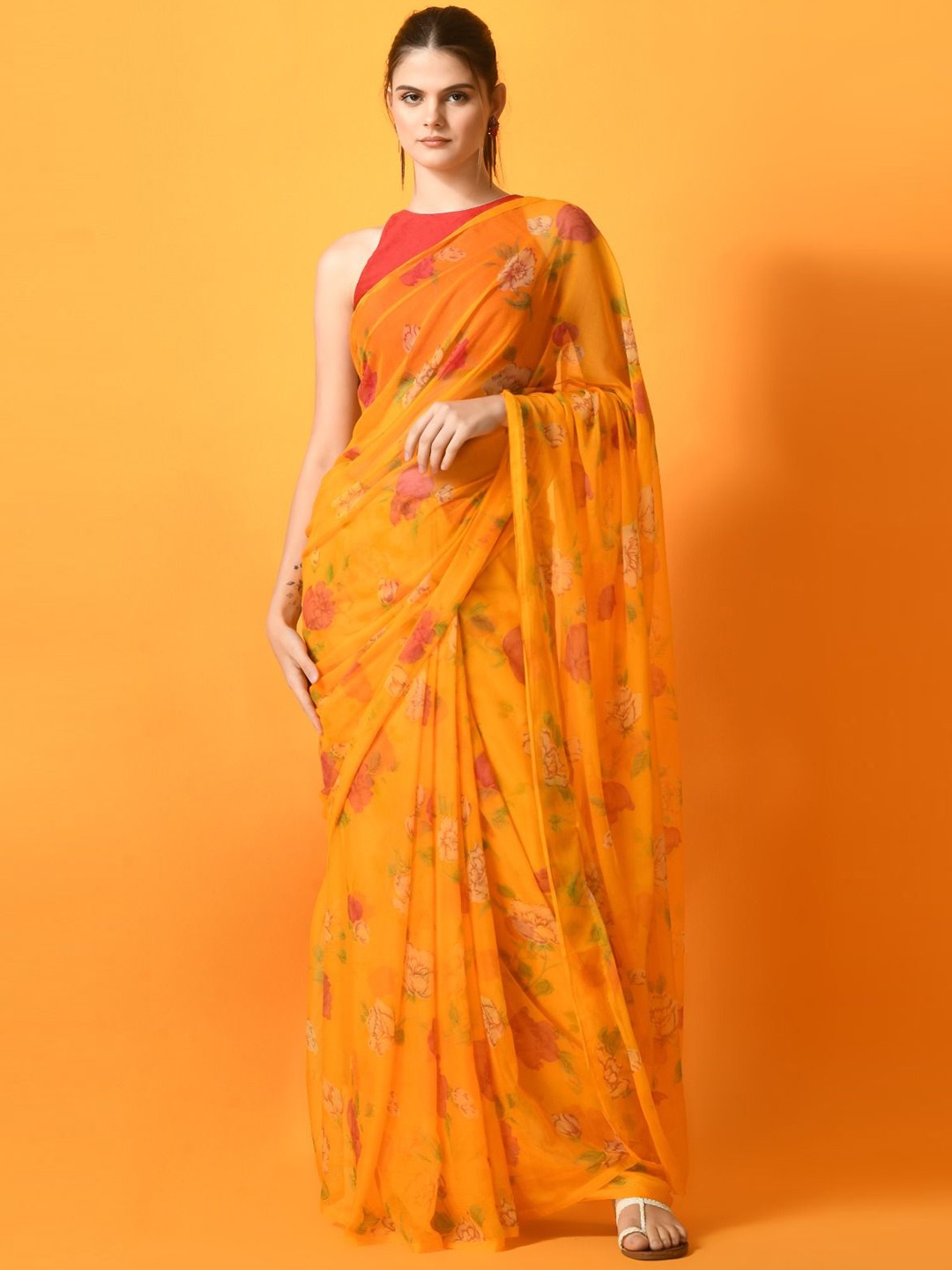 

House of Chiffon Floral Poly Chiffon Saree, Yellow