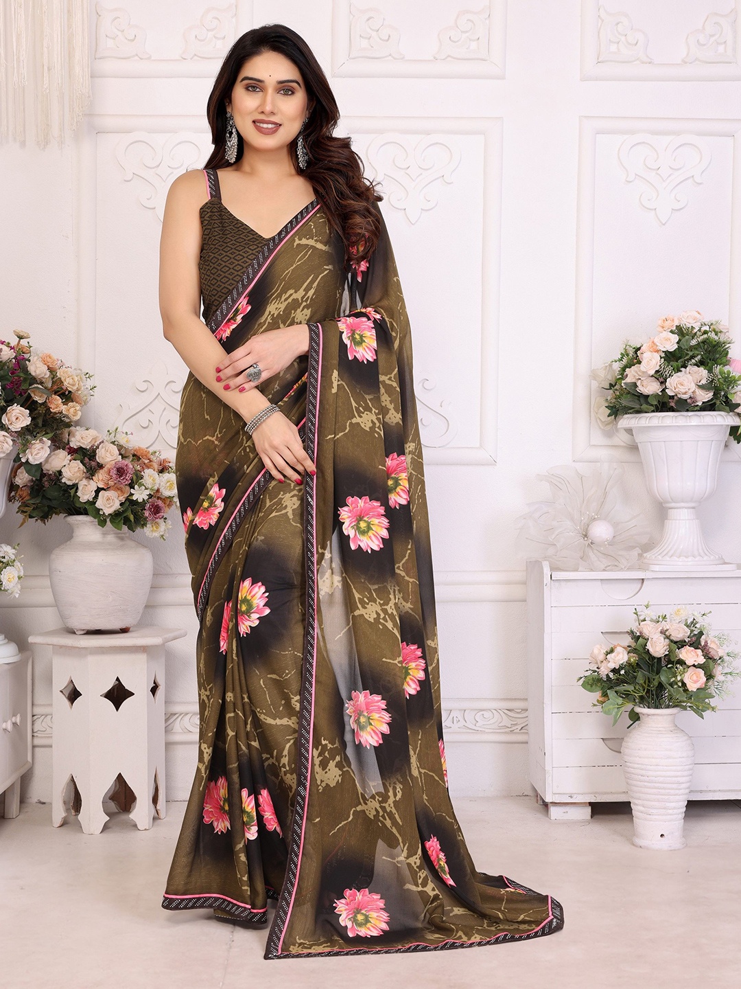 

Moda Rapido Floral Beads and Stones Poly Georgette Saree, Brown