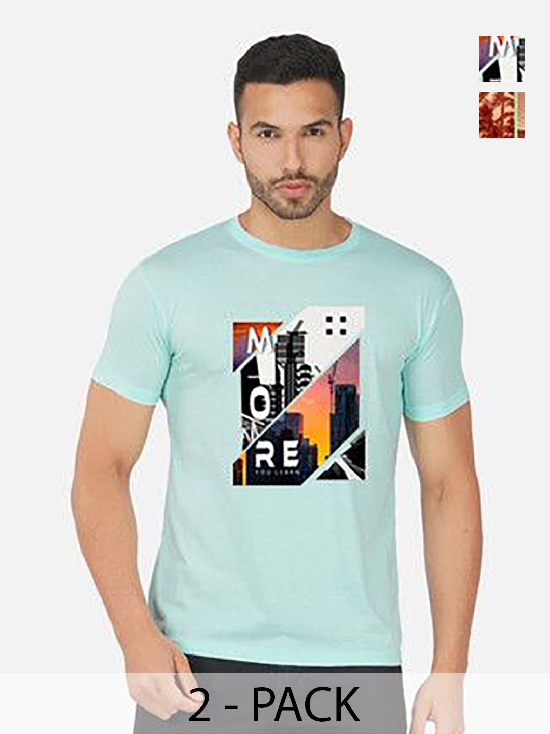 

GLOBAL NOMAD Men 2 Printed Bio Finish Applique T-shirt, Turquoise blue