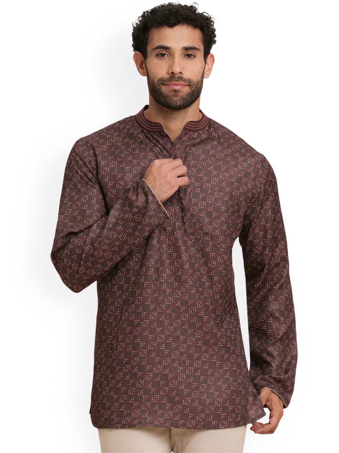 

Arch element Men Floral Flared Sleeves Thread Work Kurta, Brown