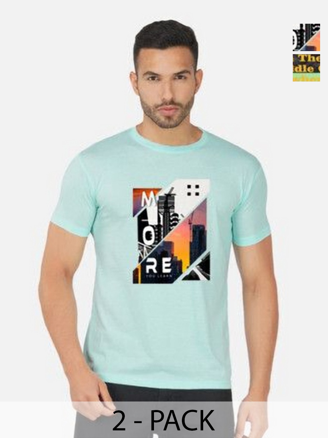 

GLOBAL NOMAD Men 2 Printed Bio Finish Applique T-shirt, Turquoise blue