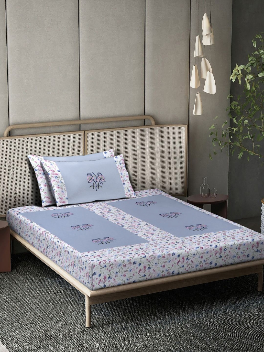 

KLOTTHE Sky Blue & White Floral Embroidered 400 TC Single Bedsheet With 2 Pillow Covers