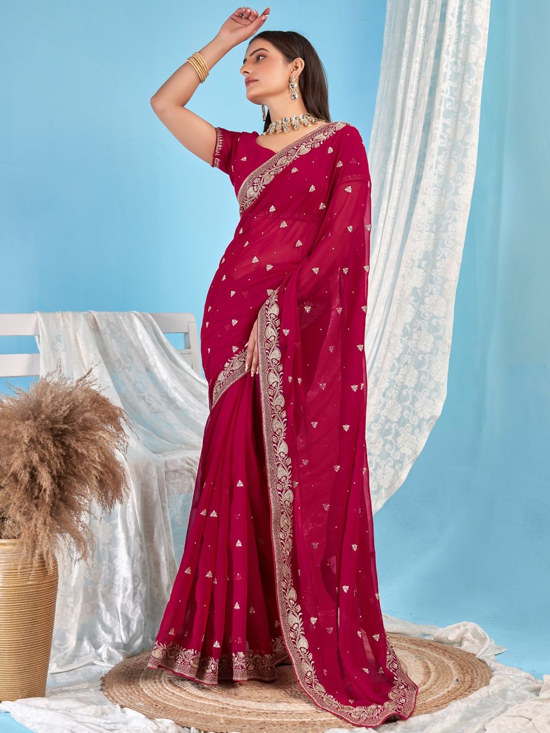 

LeeliPeeri Designer Embellished Embroidered Poly Georgette Saree, Pink