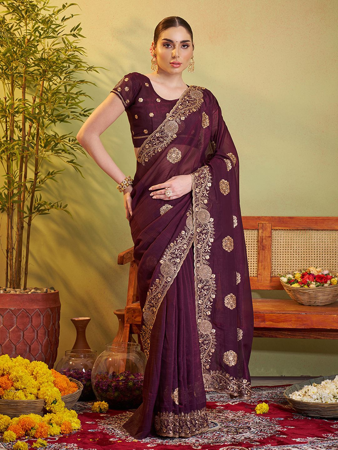 

modeva Ethnic Motifs Embroidered Pure Chiffon Saree, Purple