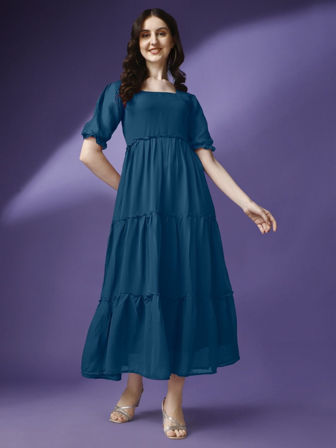 

Raiyani Fashion Bell Sleeve Applique Georgette Fit & Flare Maxi Dress, Blue