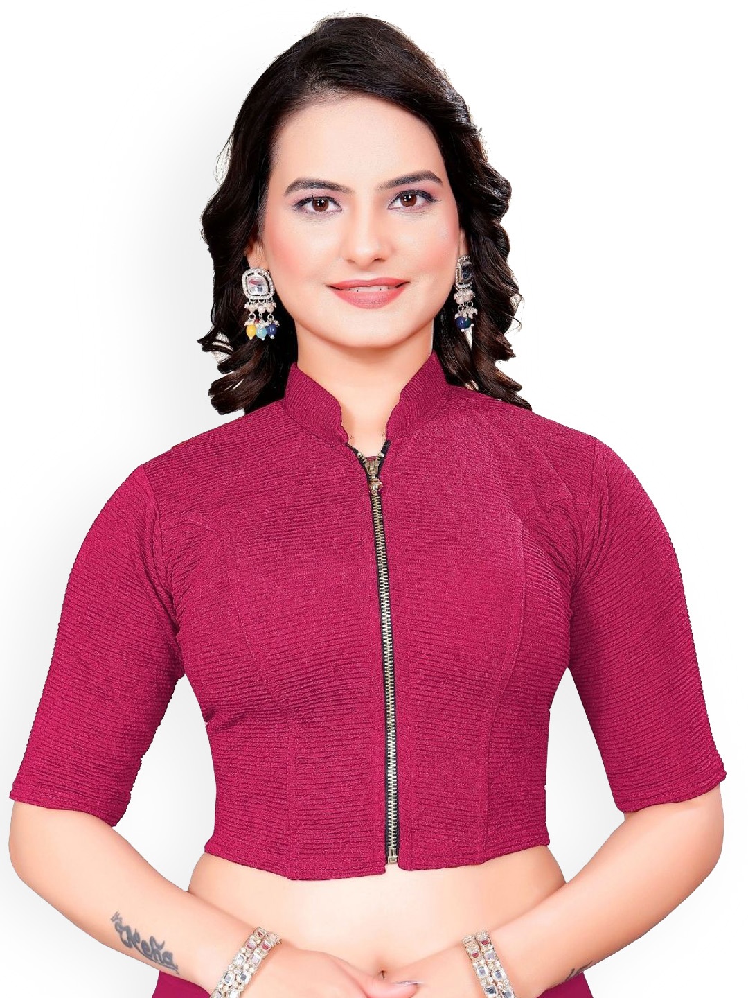 

SS Sanket Synthetics High Neck Front Full Zip Blouse, Magenta