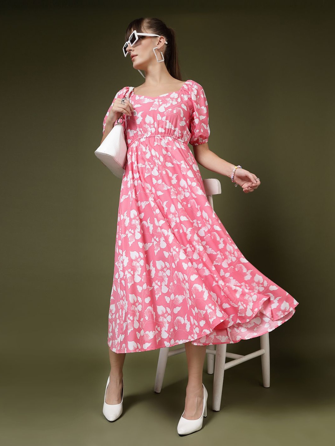 

DressBerry Floral Print Puff Sleeve Crepe Fit & Flare Maxi Dress, Pink