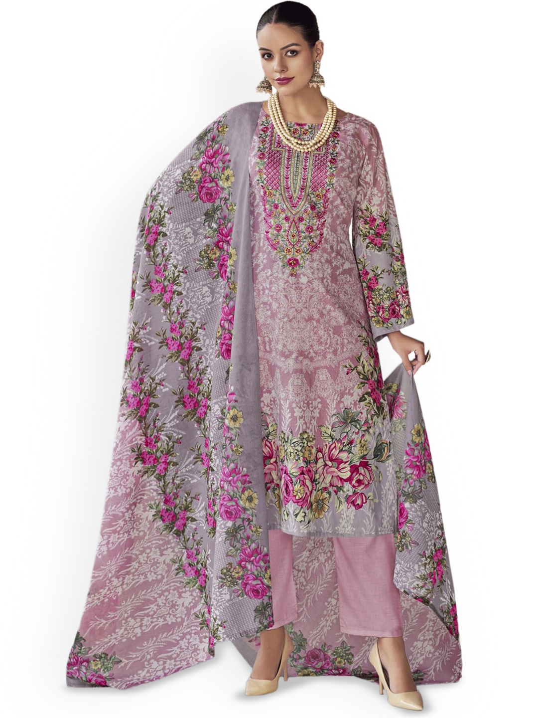 

DRAVINAM Trends Embroidered Pure Cotton Unstitched Dress Material, Pink