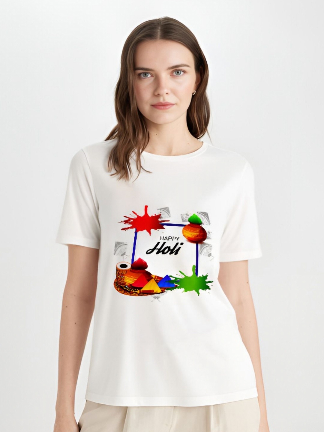 

Shiv traders collection Women Printed Applique T-shirt, White