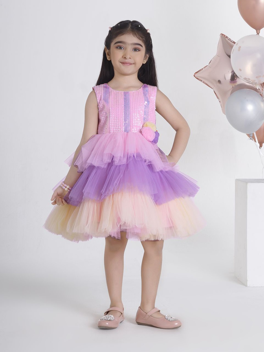 

Ministitch Applique Net Fit & Flare Dress, Pink