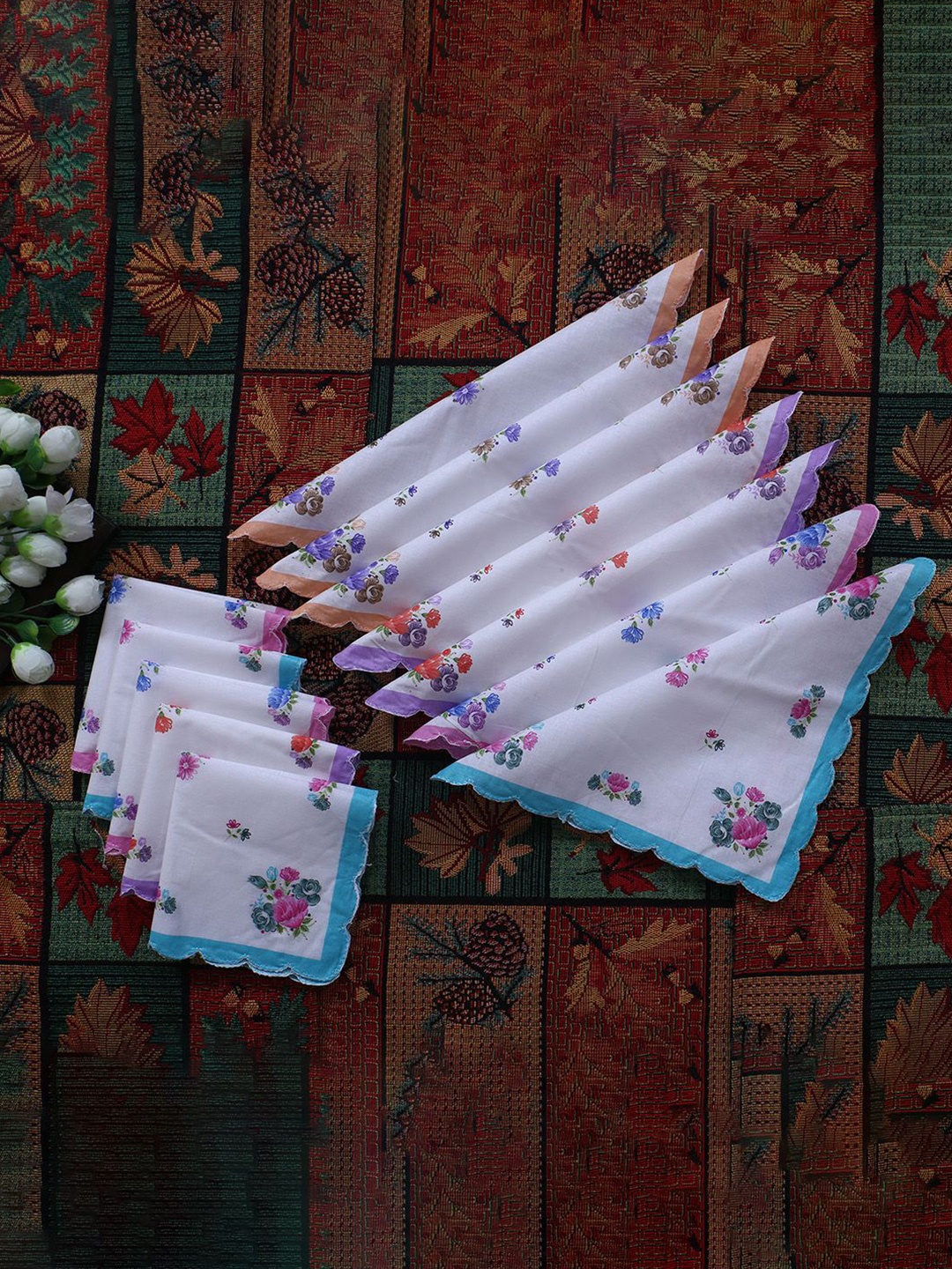 

Kuber Industries Women & Girls Set Of 12 Multicolor Floral Print Cutwork Cotton Hankies, Blue