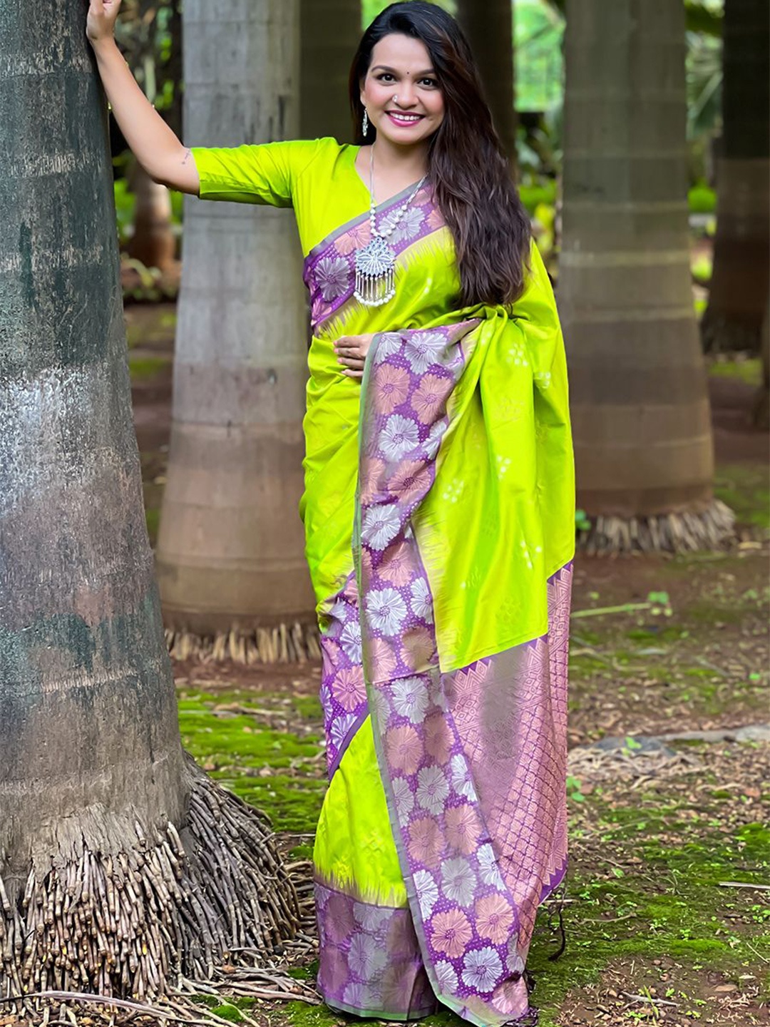 

all about you Woven Design Zari Silk Blend Banarasi Saree, Lime green