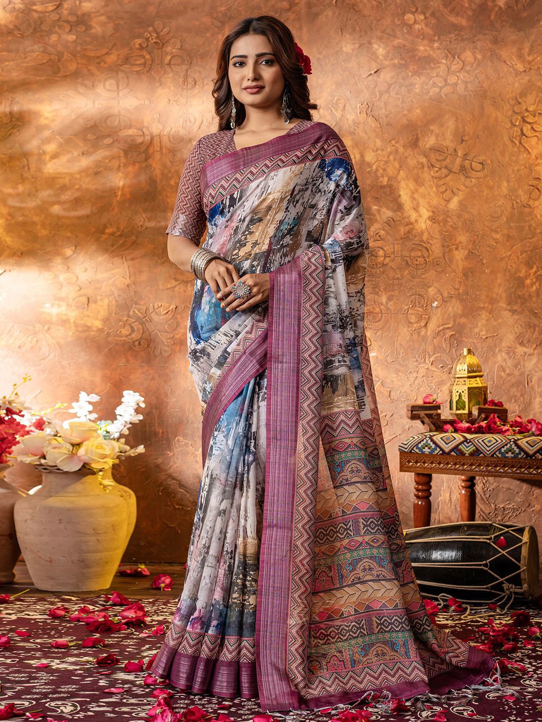 

Saree mall Zari Linen Blend Block Print Sarees, Blue