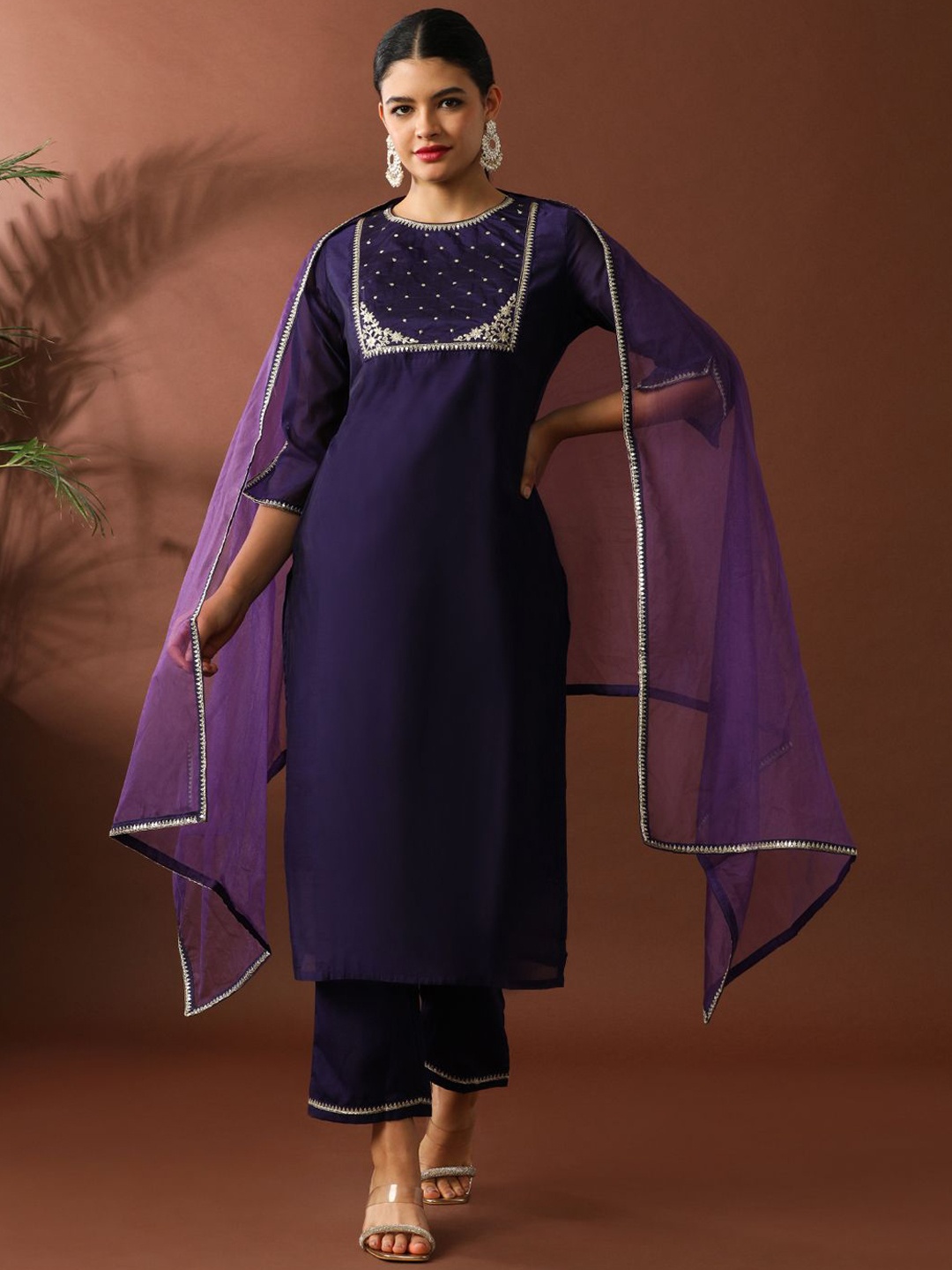 

Jaipur Kurti Women Floral Embroidered Regular Sequinned Chanderi Cotton Kurta with Trousers & With Dupatta, Purple