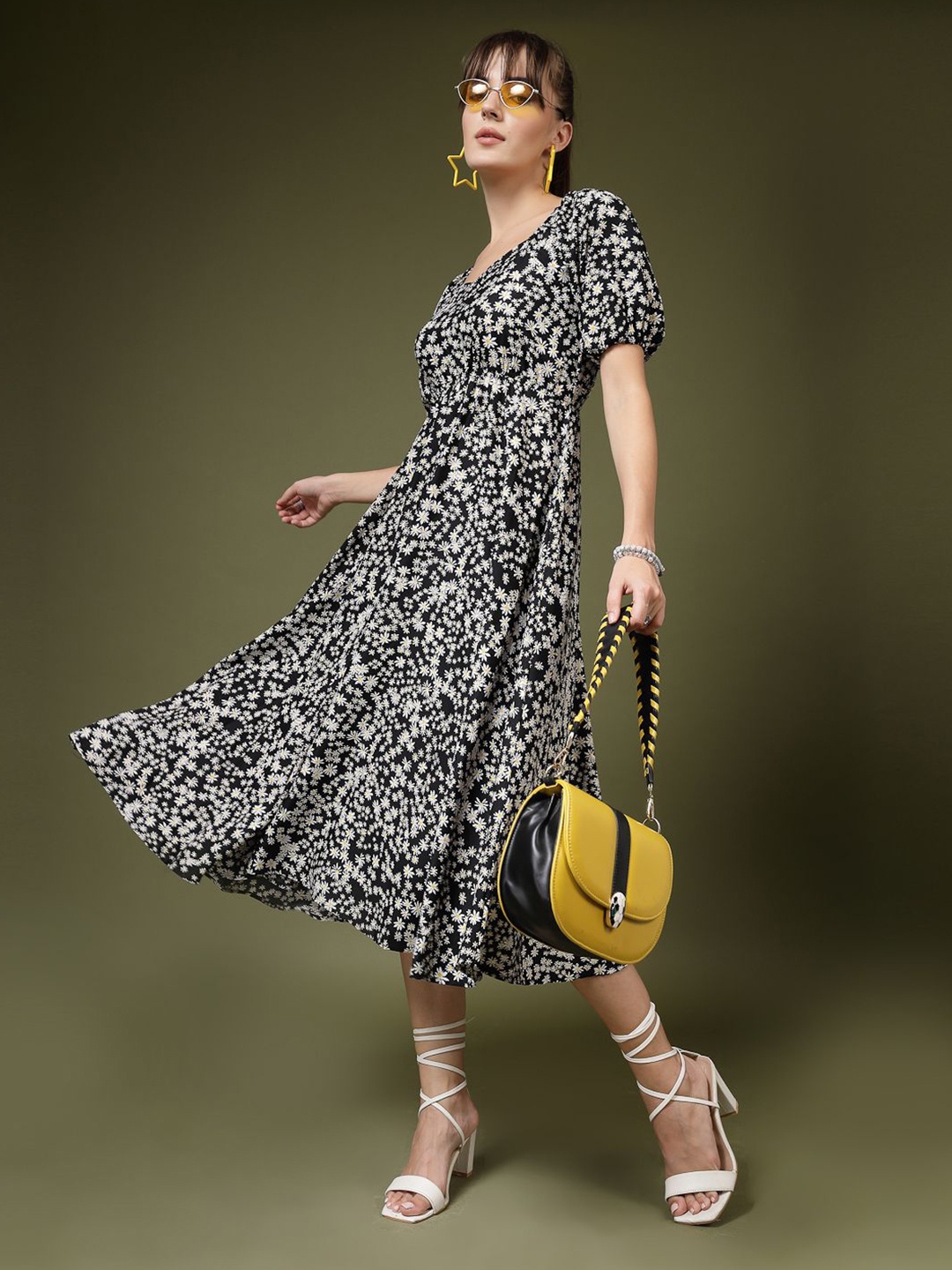 

DressBerry Floral Print Puff Sleeve Crepe Fit & Flare Maxi Dress, Black