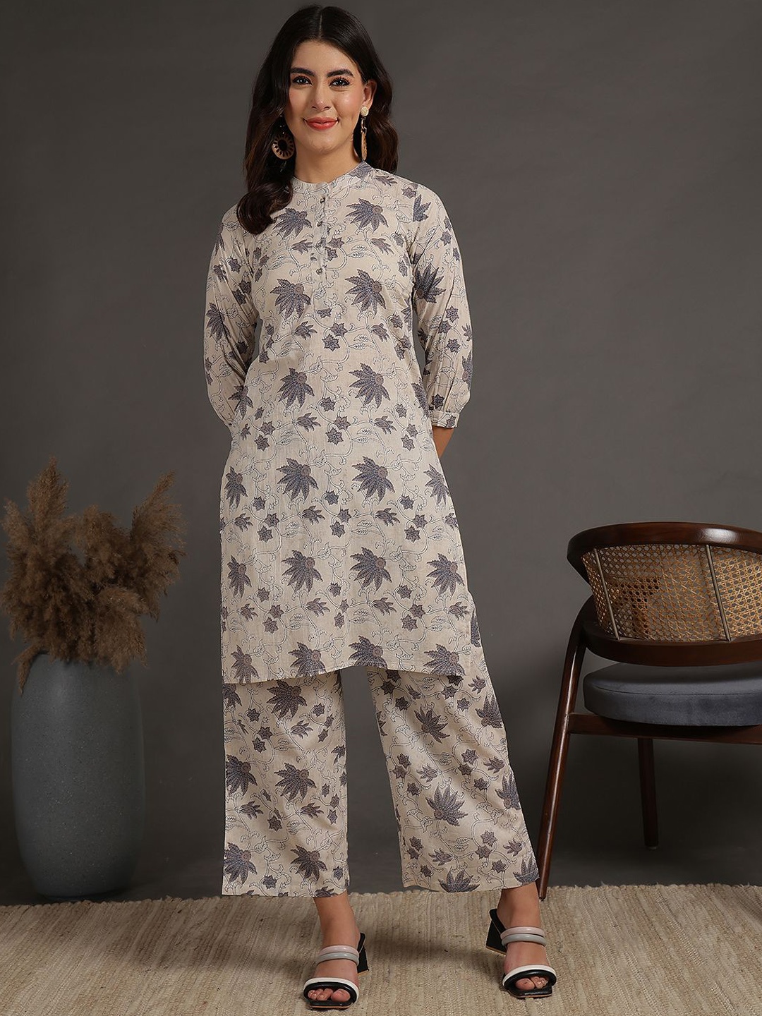 

antaran Printed Pure Cotton Top With Trousers Co-Ords, Beige