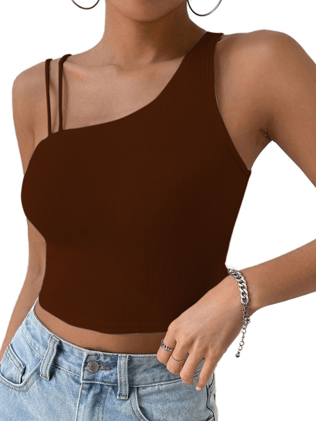 

classy fashion One Shoulder Cotton Crop Top, Brown