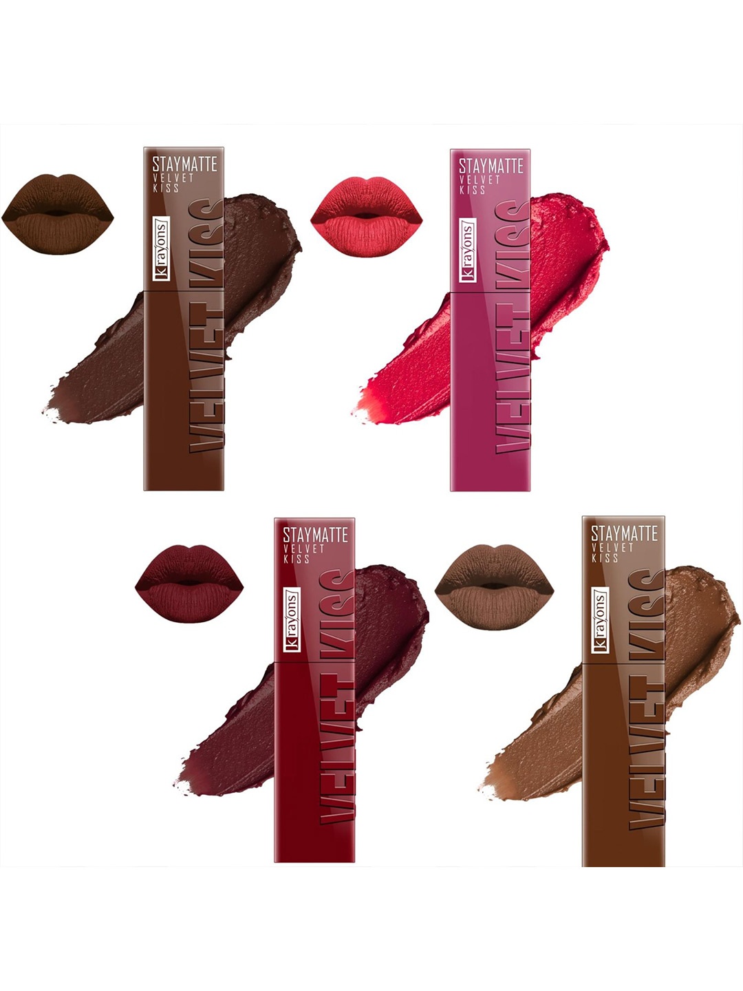 

krayons StayMatte Velvet Kiss Set Of 4 Liquid Lipstick - Shade - 07 08 09 11, Pink