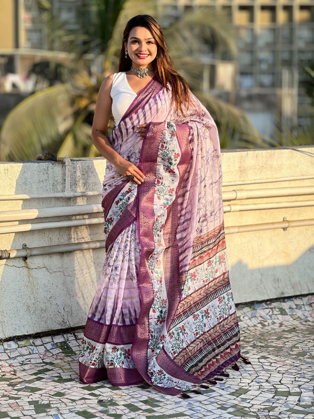 

Panzora Floral Zari Chanderi Saree, Purple