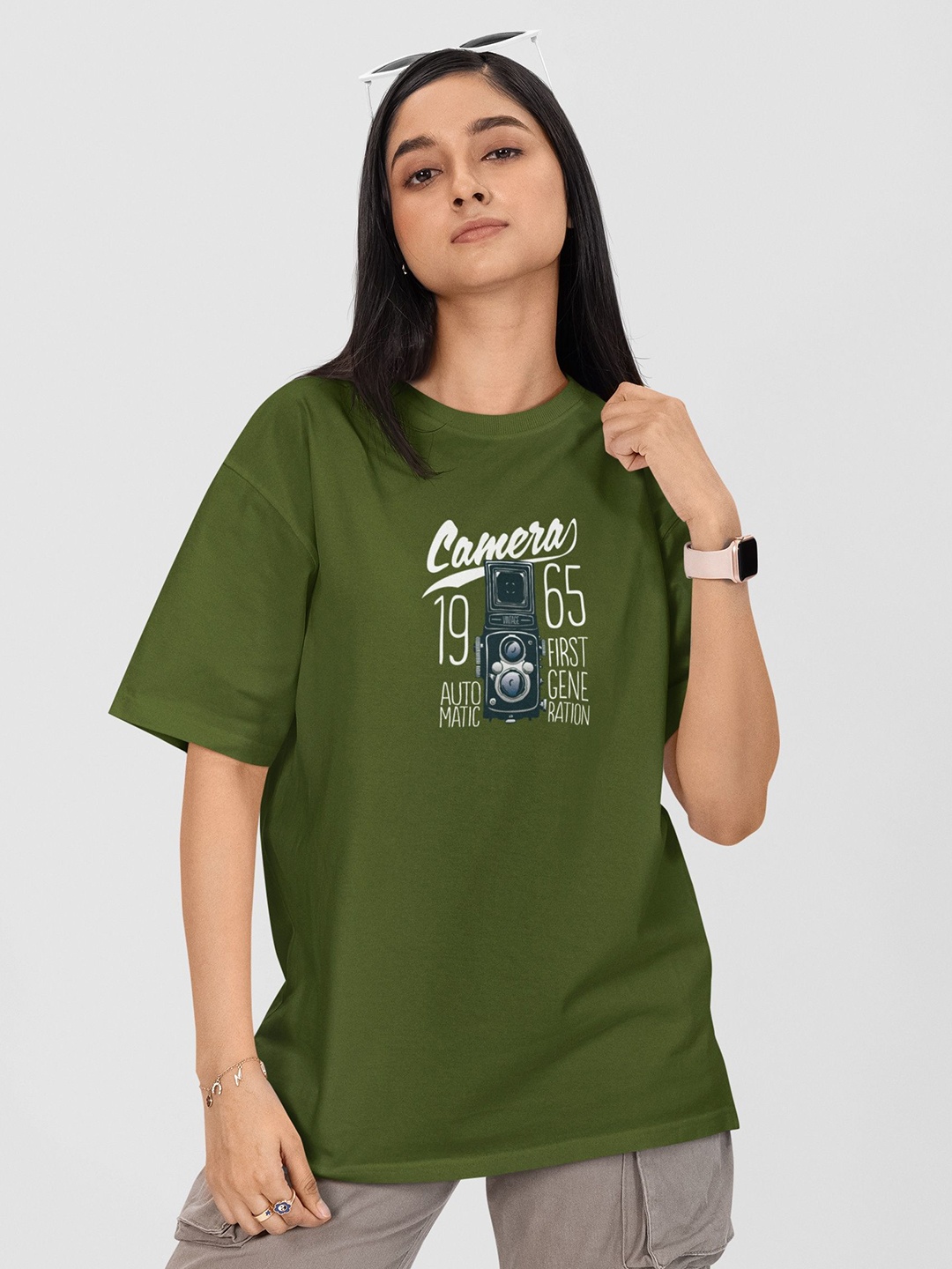 

Moda Rapido Women Printed Drop-Shoulder Sleeves Applique T-shirt, Green
