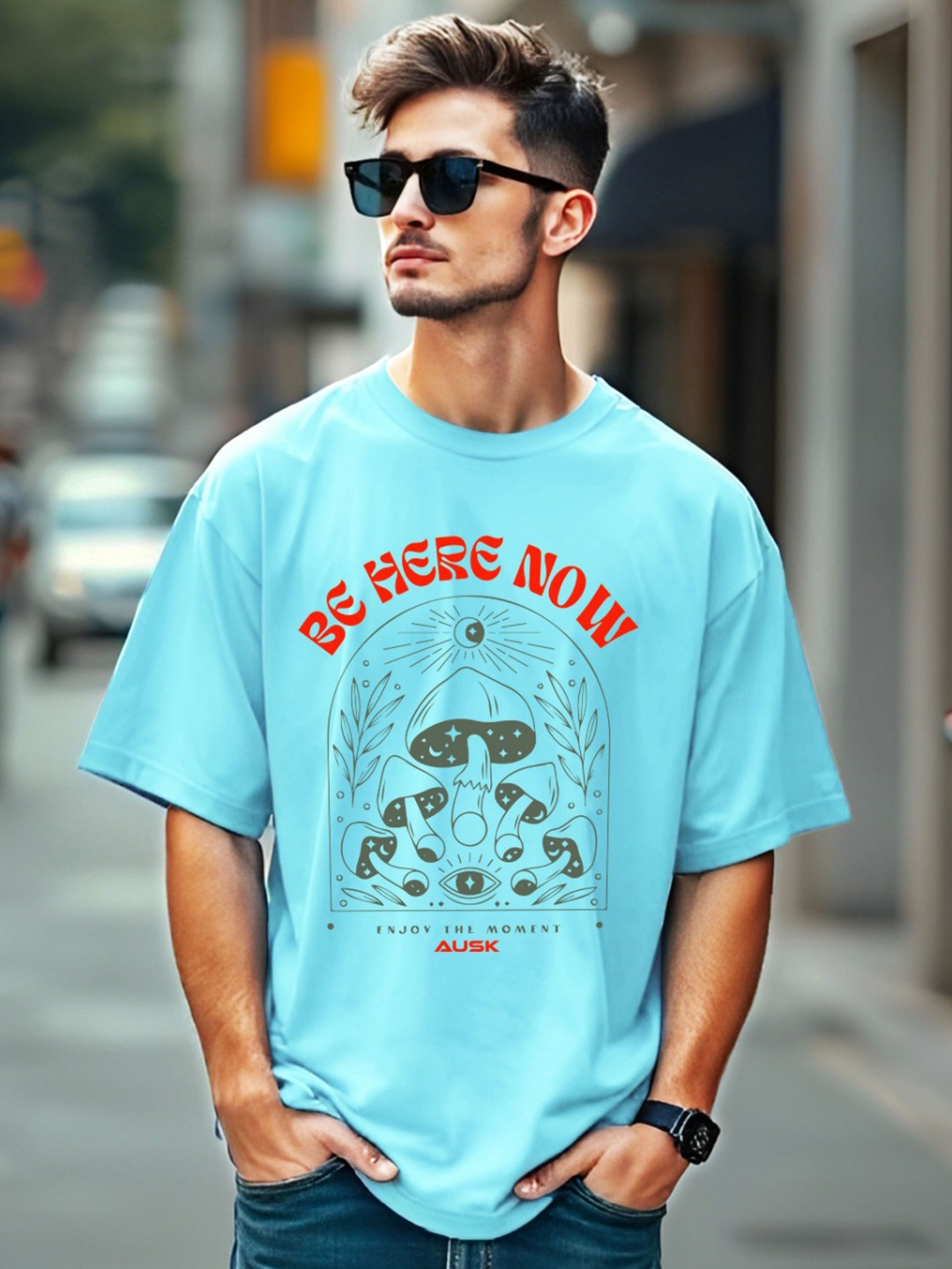 

AUSK Men Printed Applique T-shirt, Blue