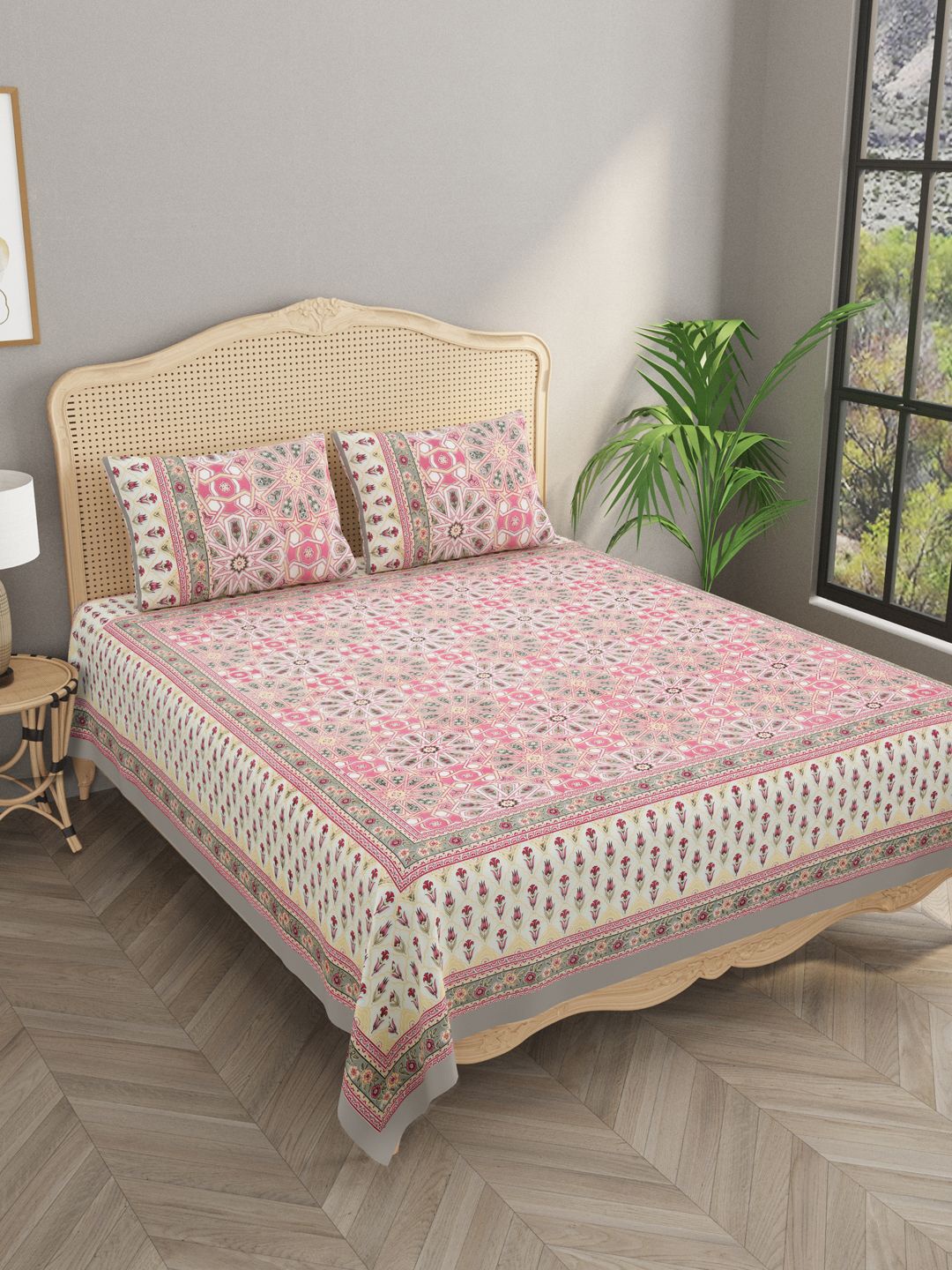 

Gulaab Jaipur Pink & Grey Floral 400 TC King Bedsheet with 2 Pillow Covers