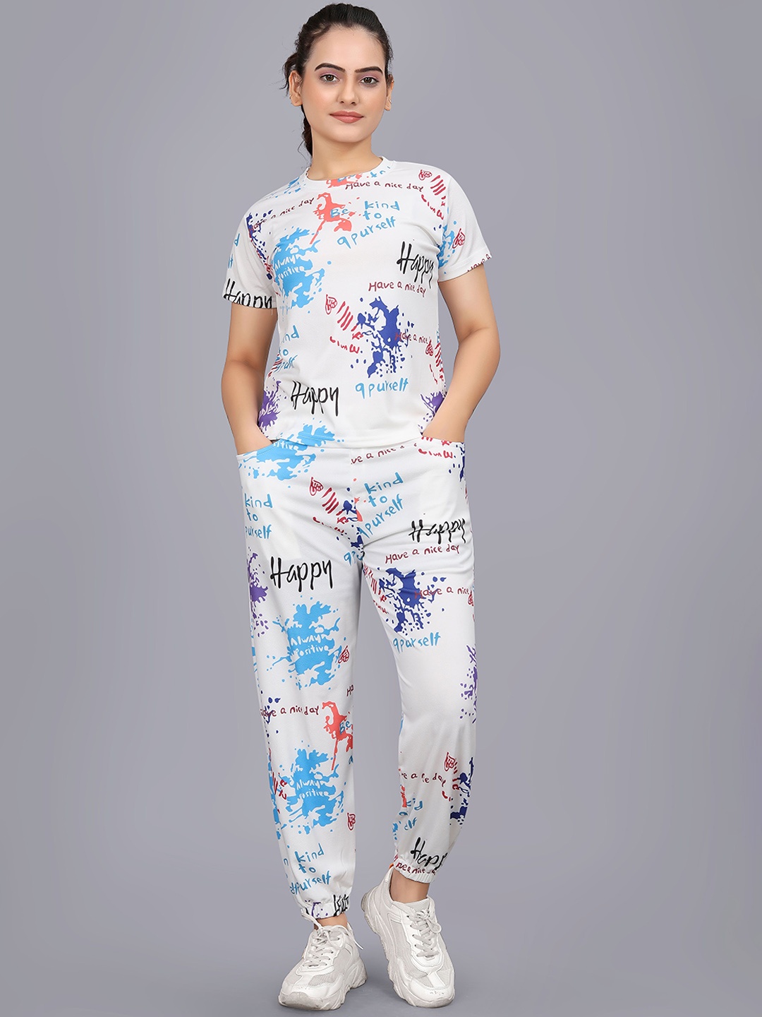 

JK Creation Printed Round Neck Top With Joggers Sports Co-Ords, White