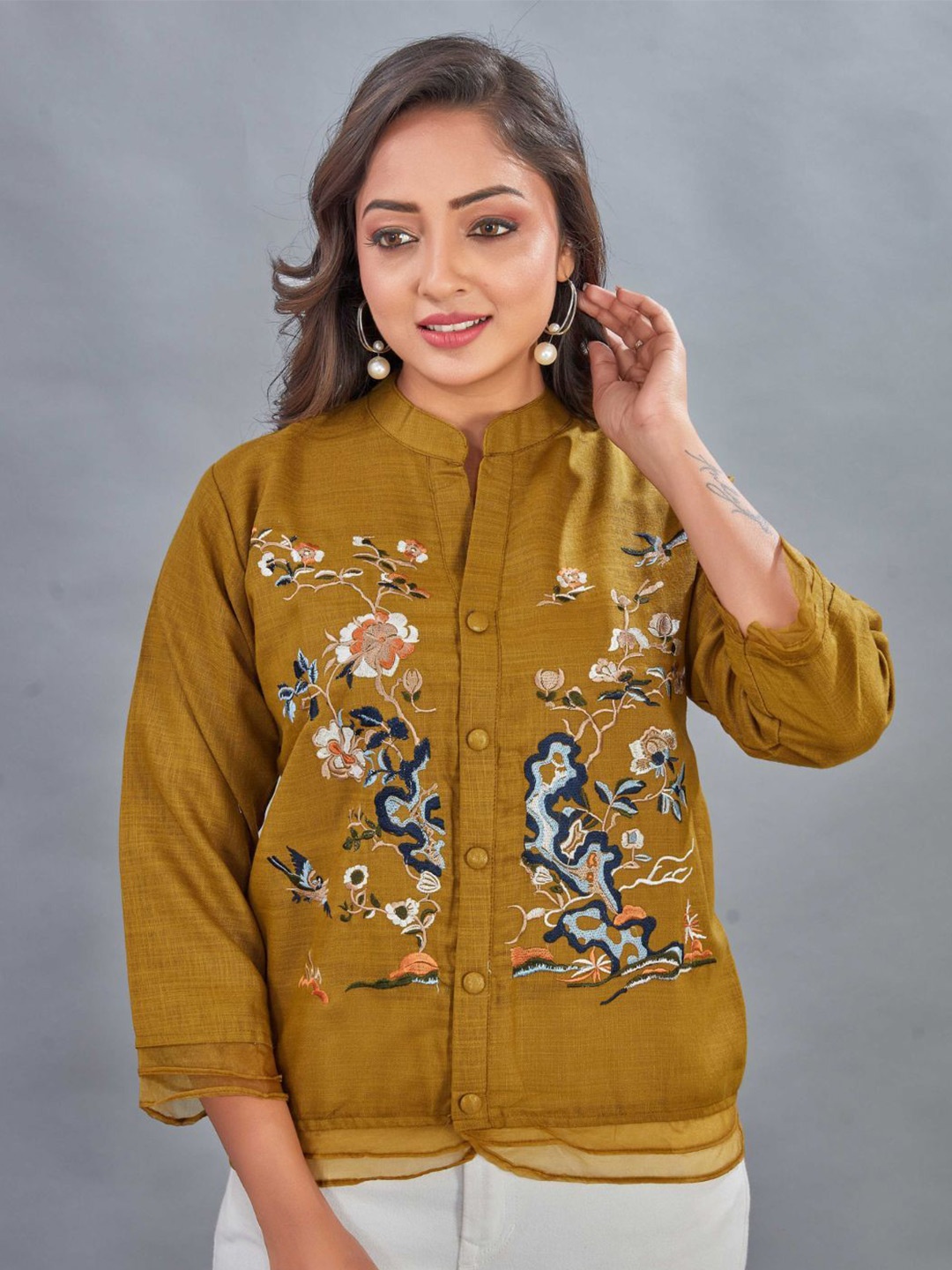 

PEACH PIPER Mandarin Collar Embroidered Tunic, Mustard