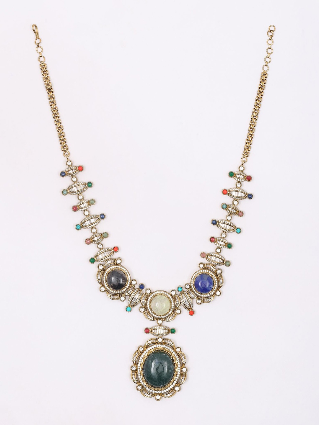 

Exotic India Glass Stone Studded Long Necklace Set With Earrings, Gold