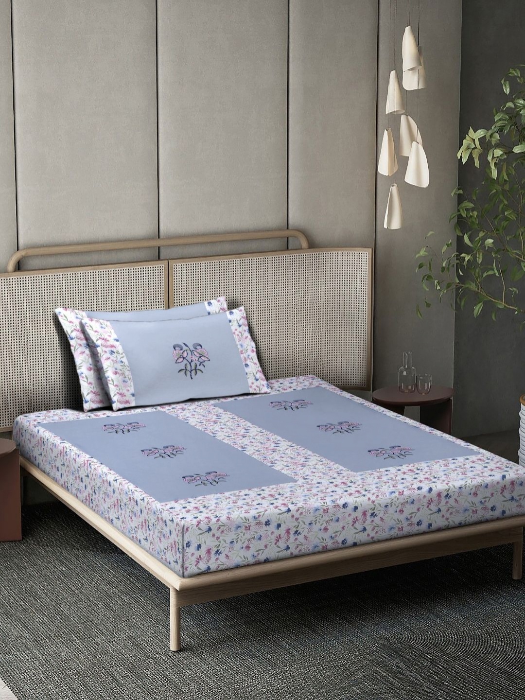 

KLOTTHE Sky Blue & White Embroidered 400 TC Single Bedsheet & 2 Pillow Cover