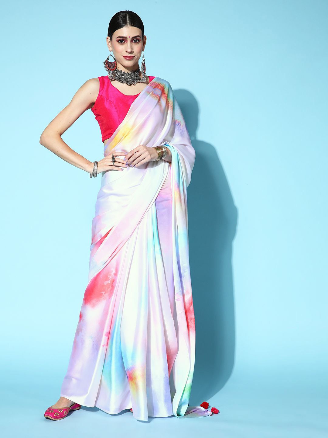

DIVASTRI Tie and Dye Satin Saree, White