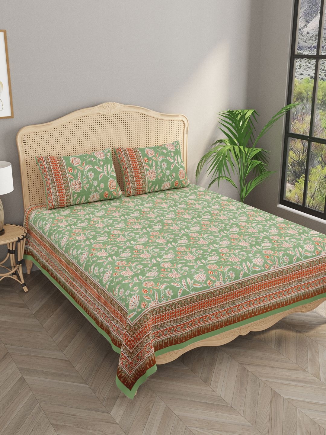 

Gulaab Jaipur Green & Orange Floral 400 TC King Bedsheet with 2 Pillow Covers